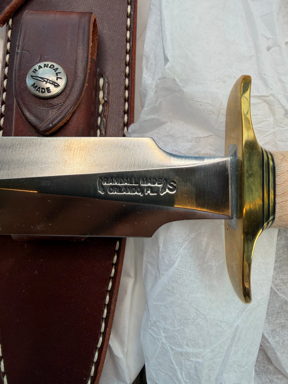 New in Paper Randall Made Knife Model 2-7 Maple wood, Stainless, Black and gold spacers, Brass Hilt and  butt cap.