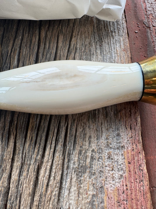 New in paper Randall Knife Model 12-8 Big Bear. Gorgeous piece of off white Fossil Walrus Ivory. Brass hilt, collar and butt cap, Stainless steel.