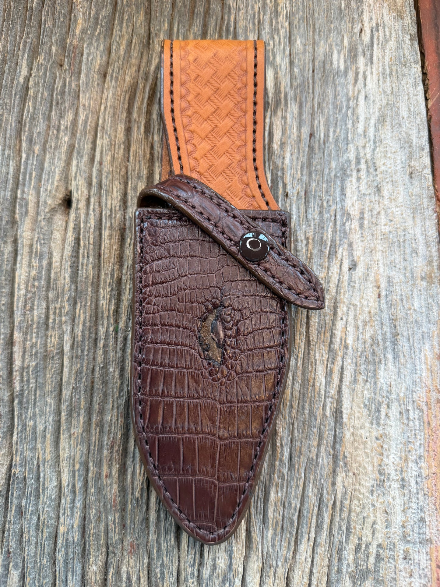 Randall Model 19-5 Exotic Brown Crocodile Anus Sheath from Sullivans by Gutcher.