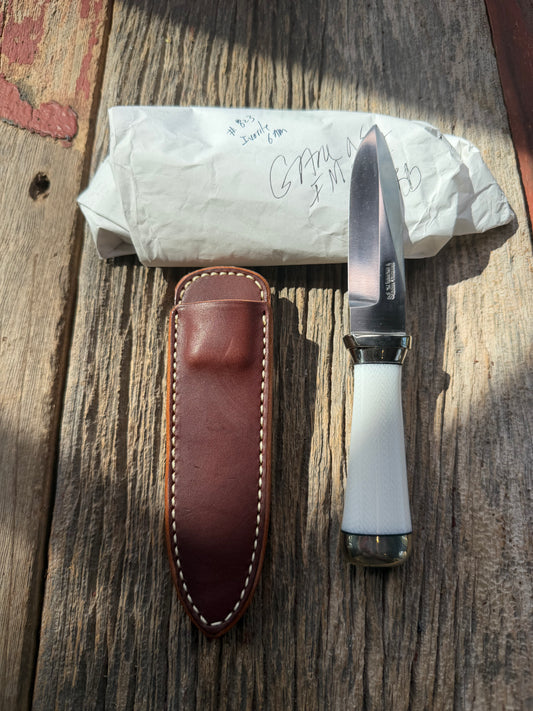 New in Paper Randall Model “Gambler” 4 Inch in Ivorite handle, Nickel hilt, Stainless steel blade, Nickel silver collar , rounded nickel silver butt cap.