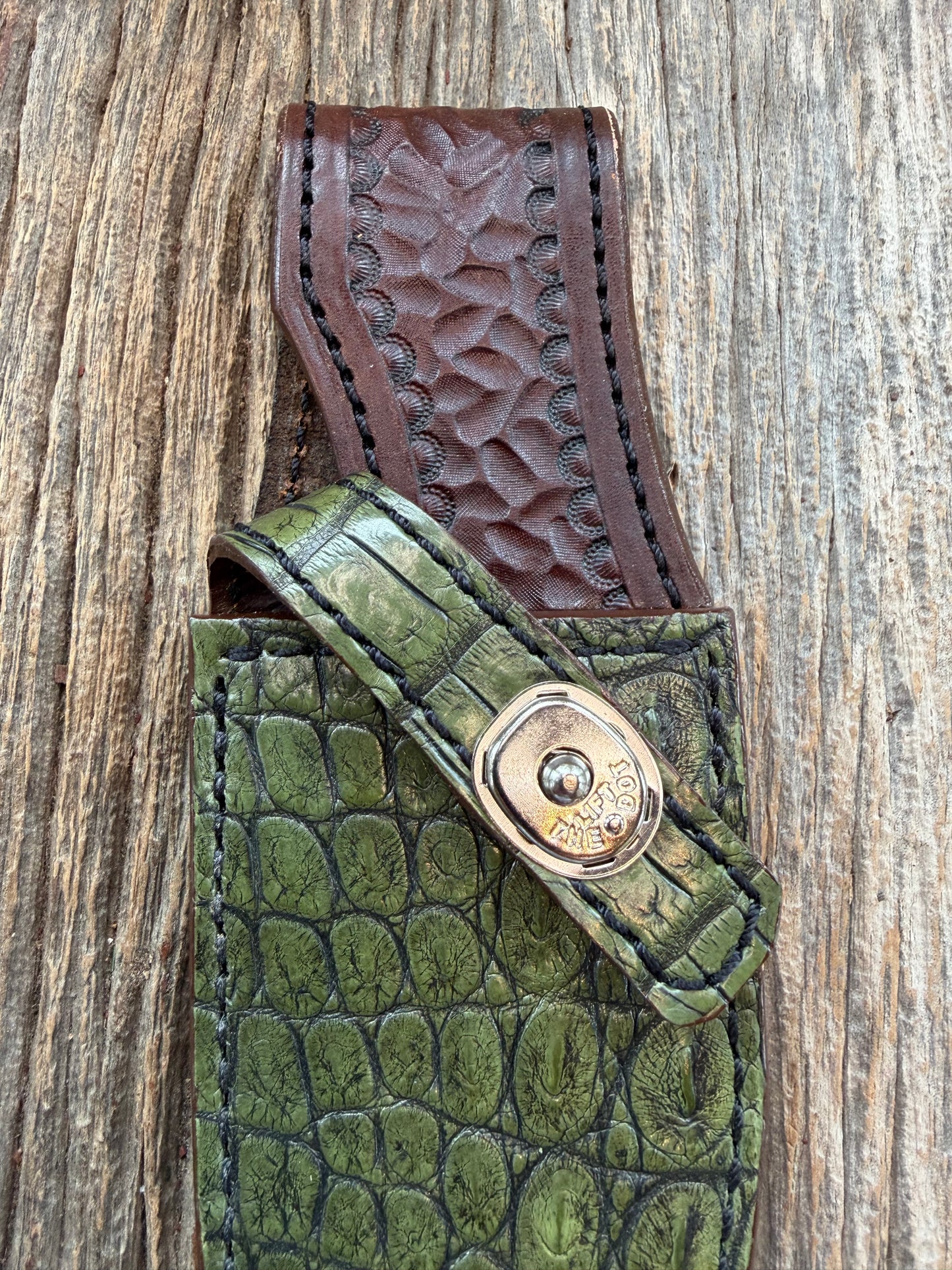 Randall Model 19-5 Exotic Army Green Crocodile Sheath from Treeman.