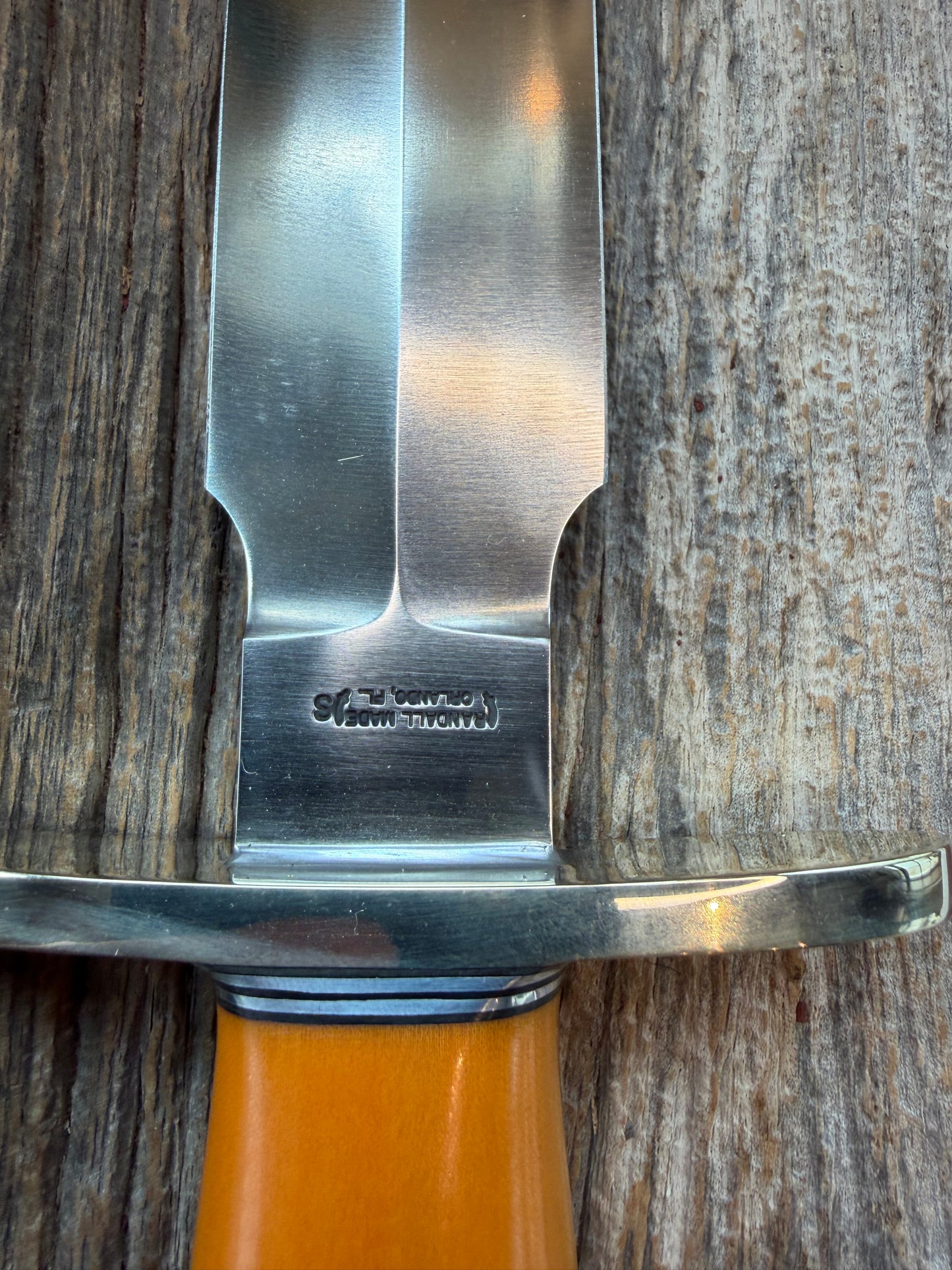 Randall Clinton Dealer Special Gold Micarta, Stainless Steel, Zebra Treeman Sheath, NSH and buttcap.
