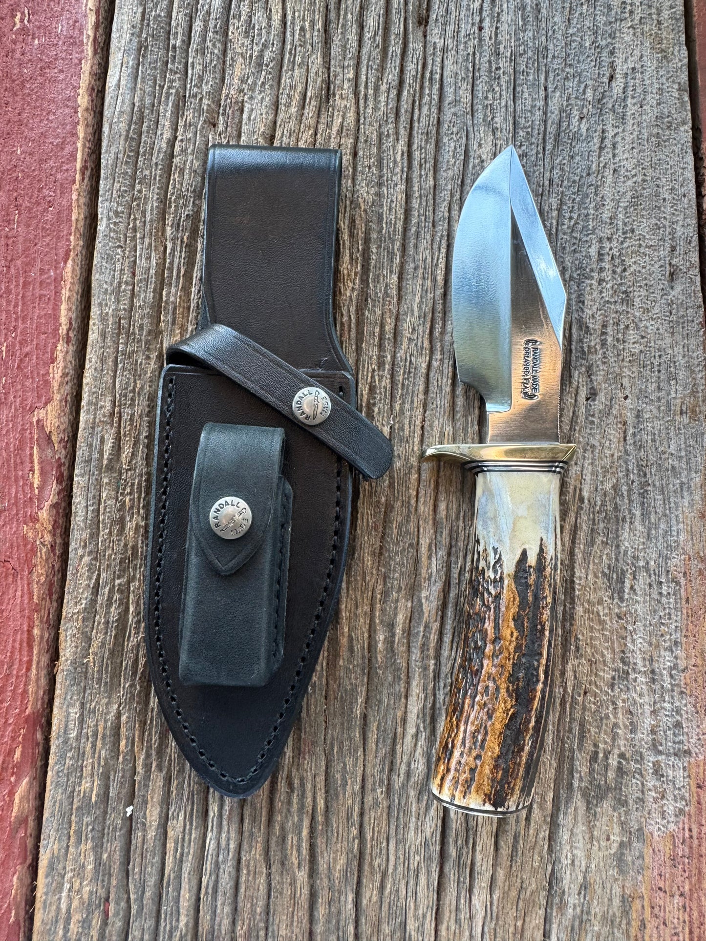 Randall Model 19-5 with a ruff and rustic piece of Stag. Nickel silver Single Hilt and Butt plate.