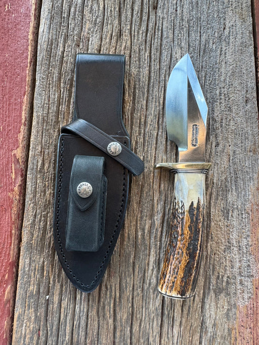 Randall Model 19-5 with a ruff and rustic piece of Stag. Nickel silver Single Hilt and Butt plate.