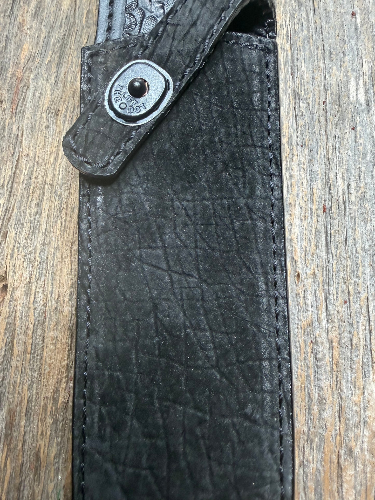 Randall Model Clinton Special in Black Hippo, forward curved hilt, black Canteen Snap, full brass stamping and stitching.