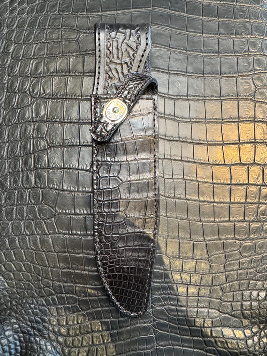 Randall Model 14 in Black Crocodile Straight hilt, Canteen Snap, full brass stamping and stitching.