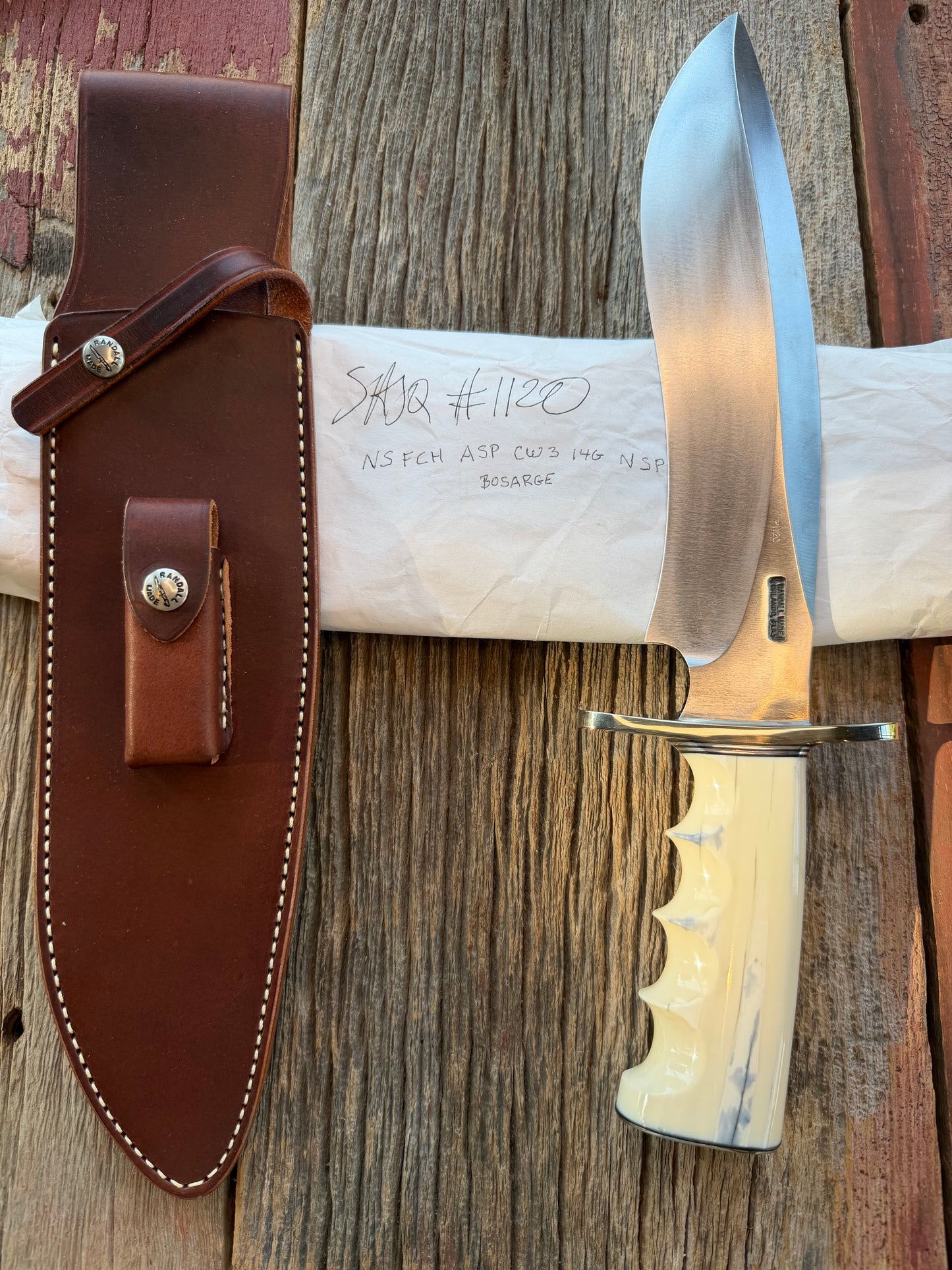 NOTE : Item is part of my personal Collection. Adding to cart will not result in sale. New in Paper Randall Model 12-11 Dealer Special Large Sasquatch Huge piece of Pearly White Fossil walrus Ivory, Finger Groves , # 1120 Nickel Silver Hilt and butt cap.