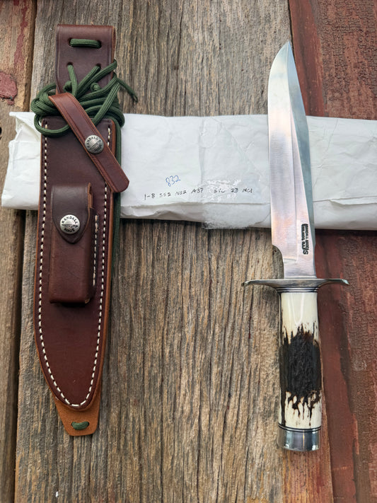 New in Paper Randall Made Knife Model 1-8 Stag , Stainless, Black and Aluminum spacers, Nickel Silver Hilt, Aluminum butt cap.