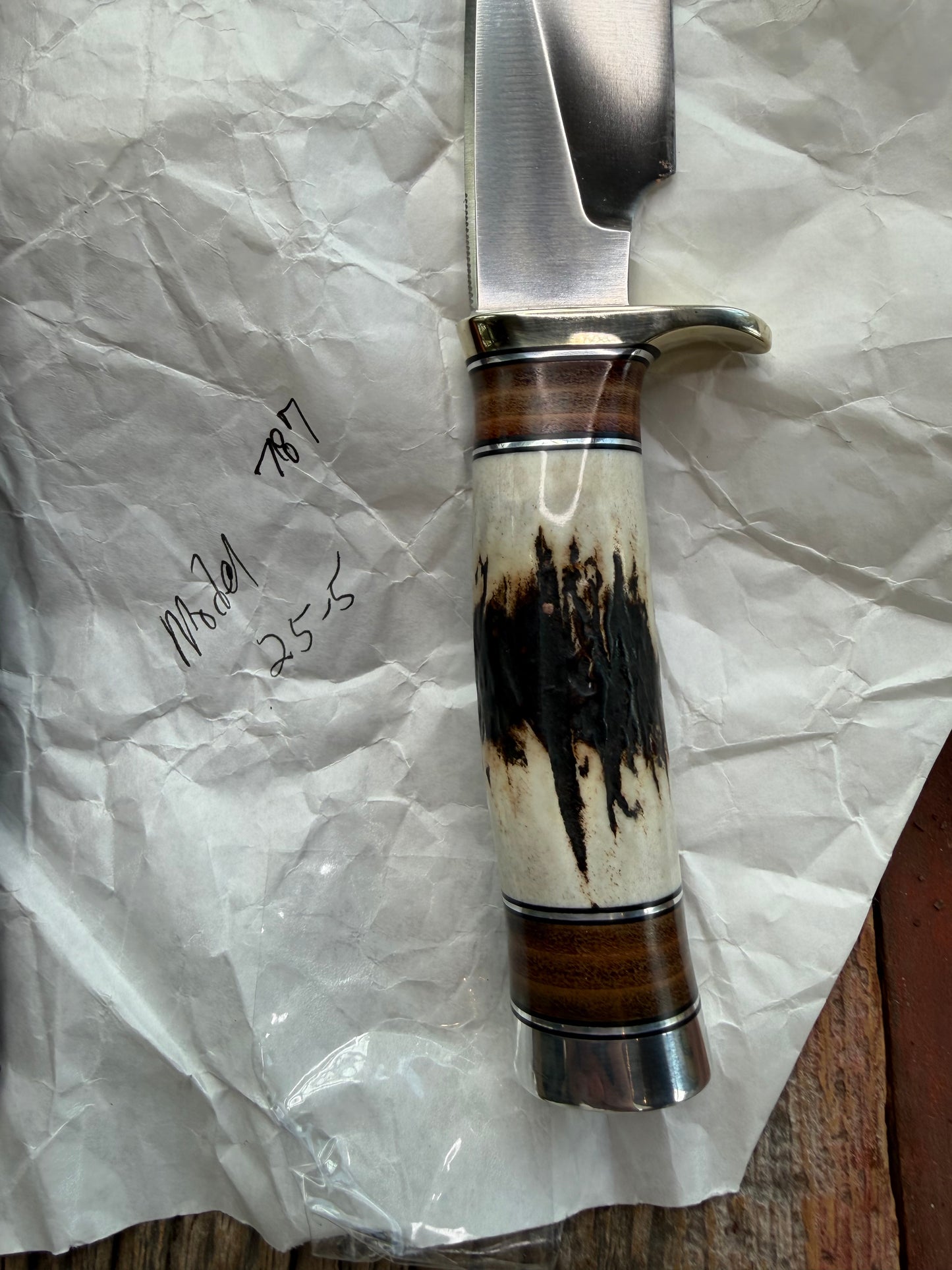 New in paper Randall Knife Model 25-5 Trapper in Stag Leather Handle Stainless Blade, NSH Hilt