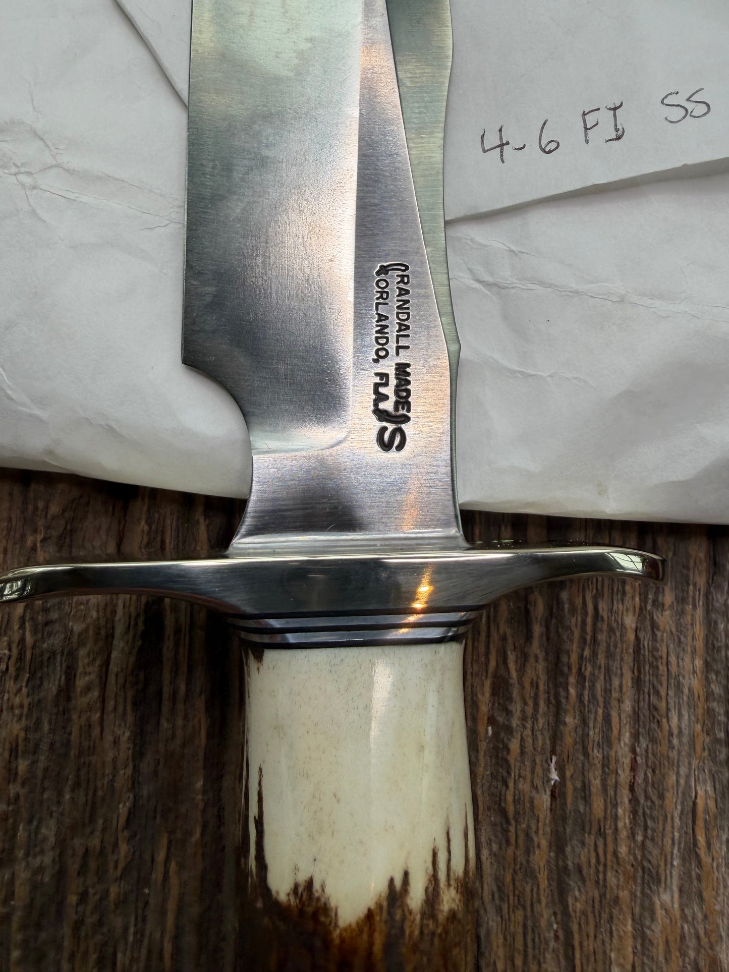 New in paper Randall Model 4-6F in a Stag Handle, Stainless Blade, NSH , BL and Al Spacers
