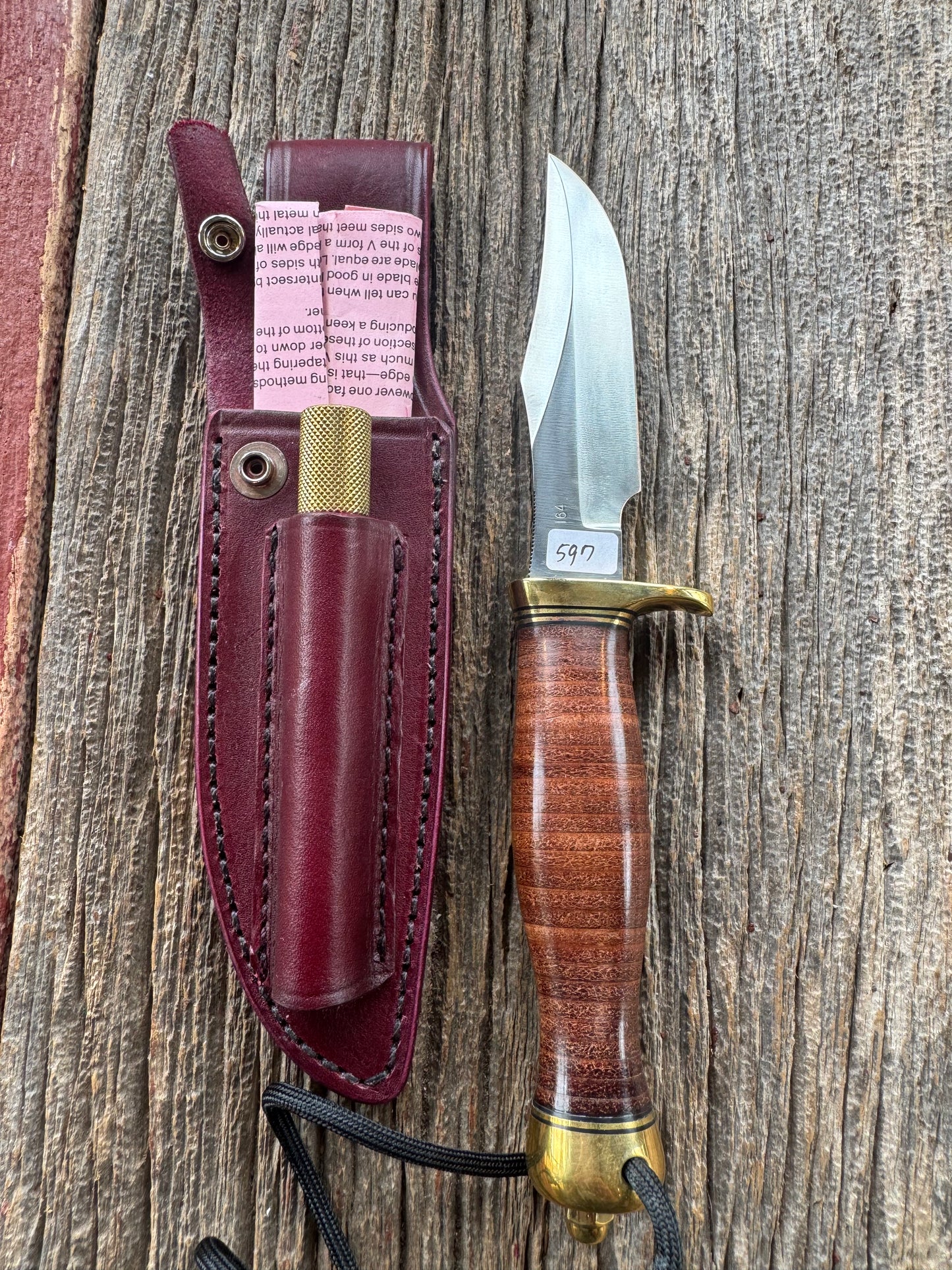Vintage Randall Stanaback Special. Leather and brass. This is the large Stanaback version with a Stainless 4 1/2” Blade, Brass Single Hilt and Gold & Black Spacers. I have 2 available Serial # 163 and # 164 consecutive numbers. Price is per knife.
