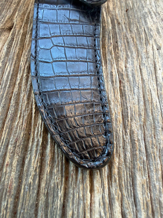 New Randall Model 27 Sheath in Exotic Black Crocodile from Treeman. Black canteen Snap .. Johnny Cash Style … All Black.