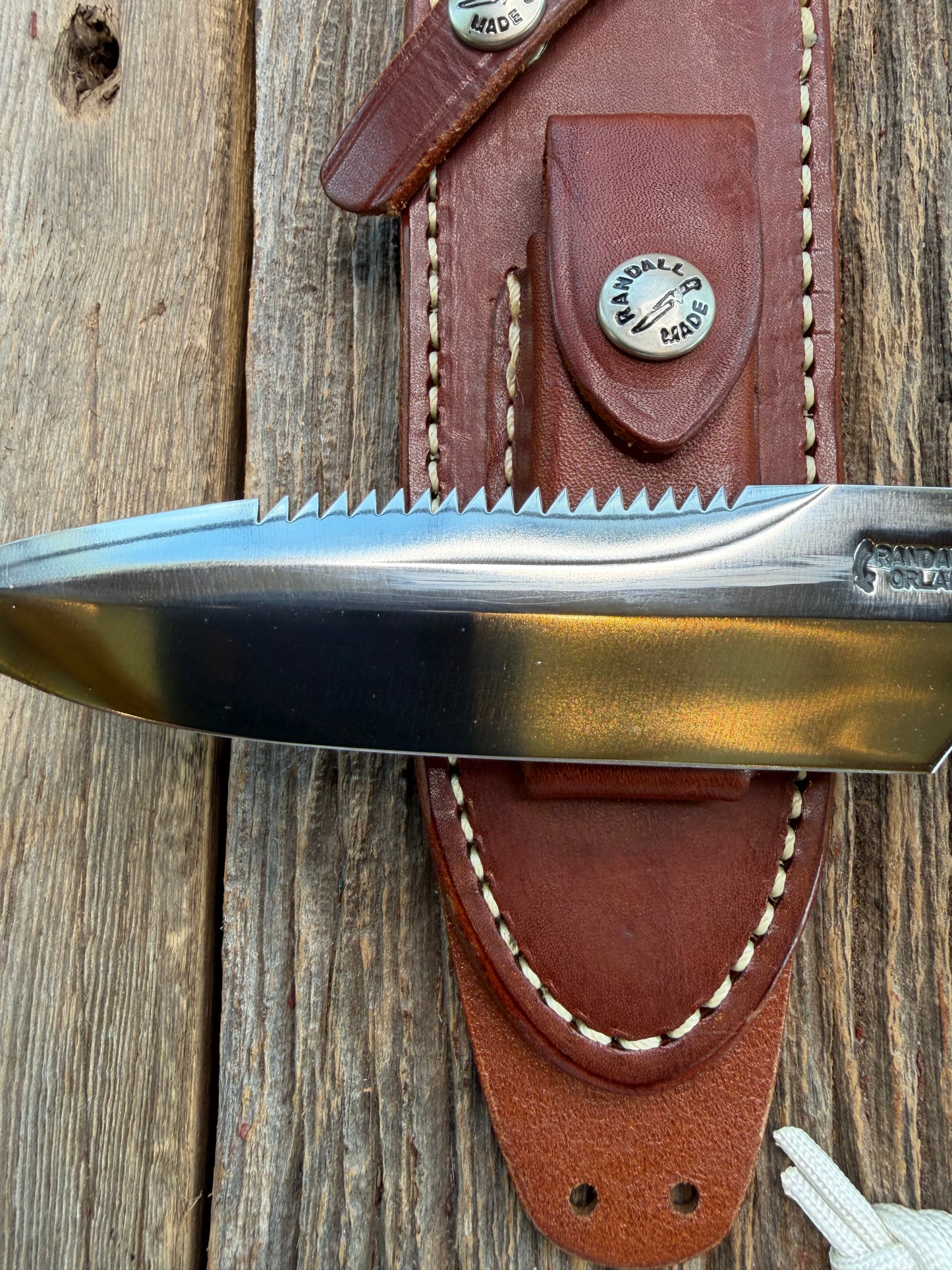 Randall Model 15-5 1/2 Airman White Ivorite Handle Stainless Nickel Silver Hilt Sawteeth Lanyard