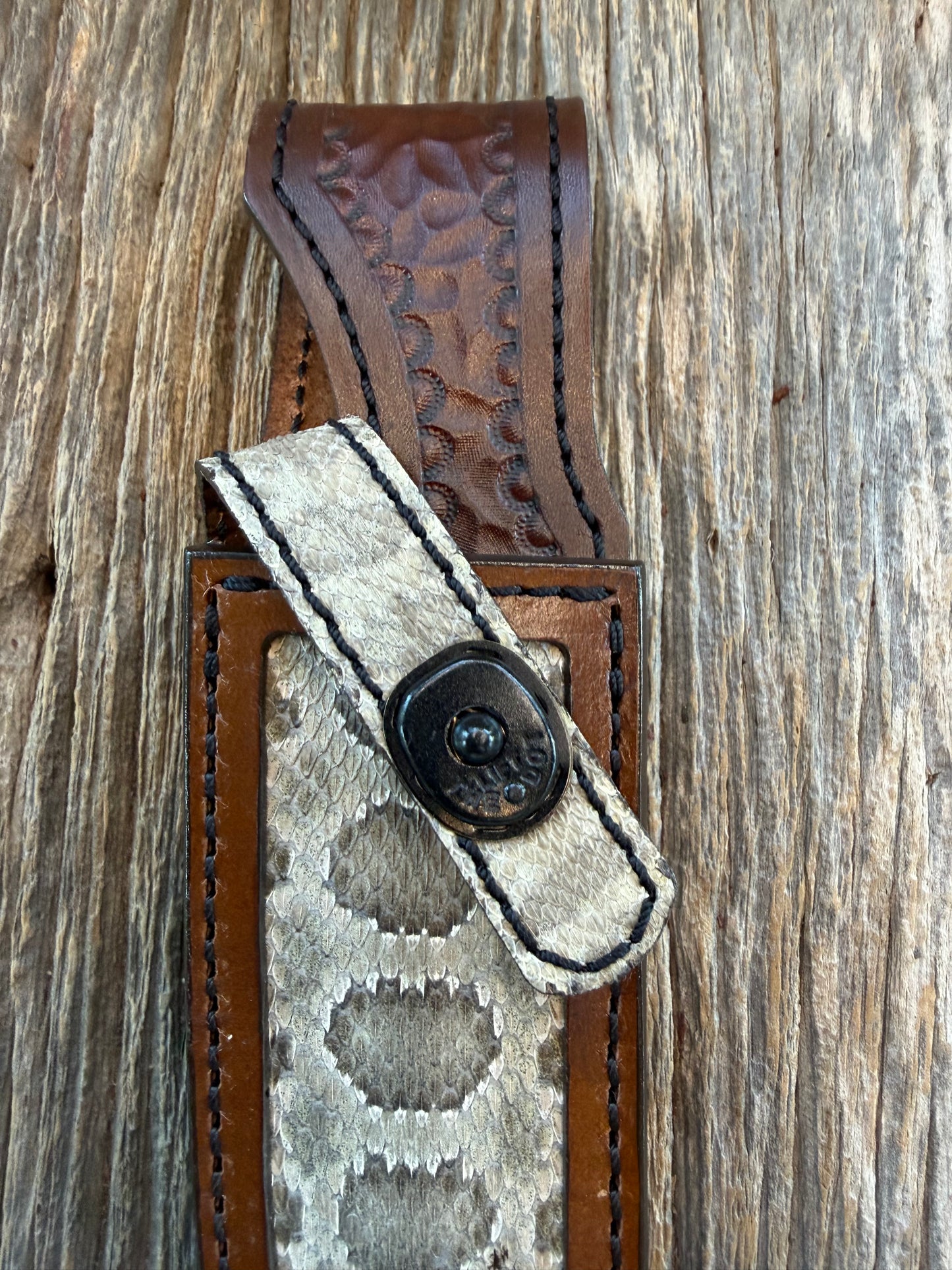 Randall Model Combat Companion Sheath in Exotic Prairie RattleSnake from Treeman Sheaths. Tremendous colors on this one.