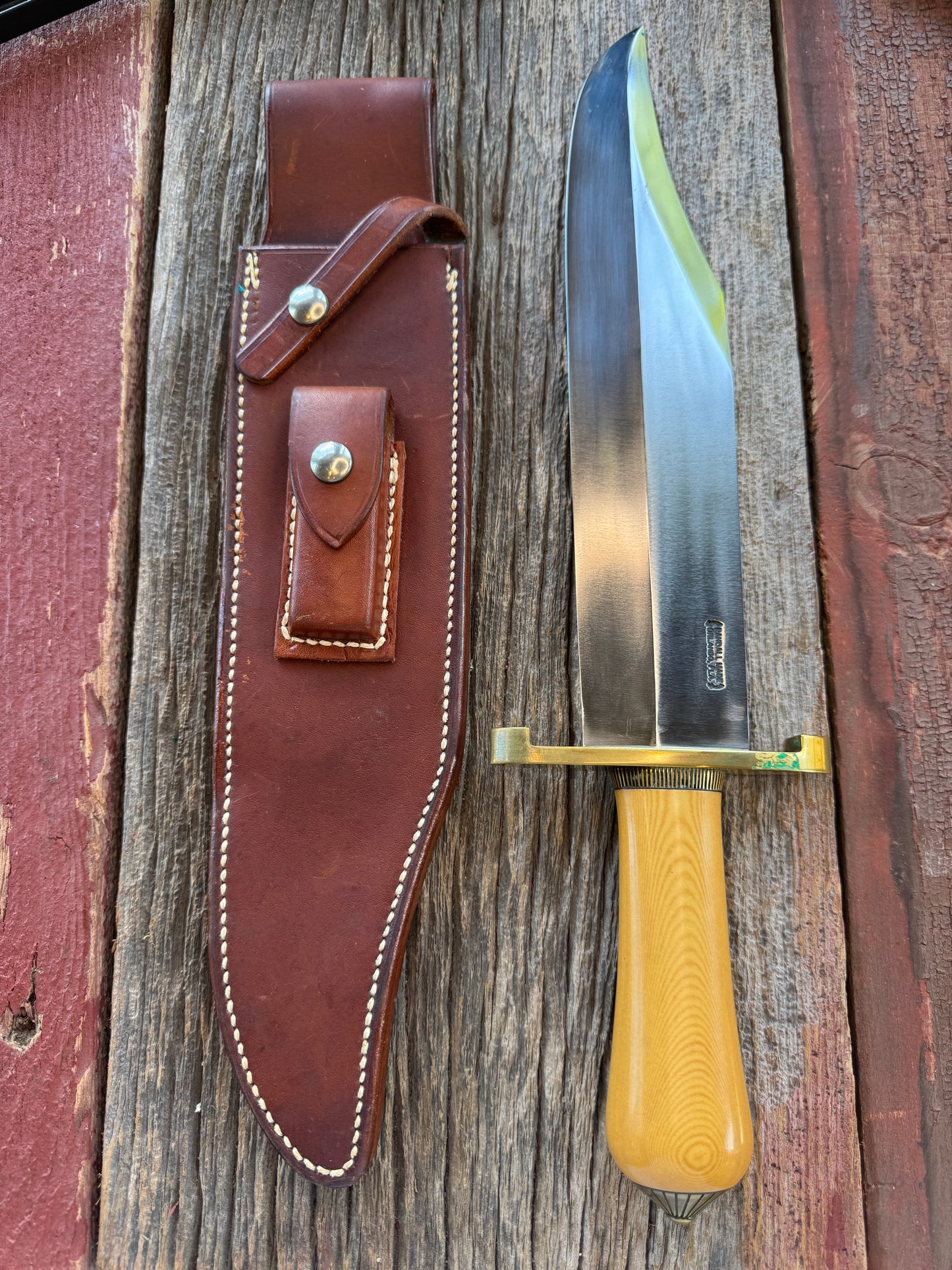 Randall Model Smithsonian in Yellow Westinghouse Micarta, Brass Lugged Hilt, Scalloped Collar and butt cap, Johnson Roughback sheath.