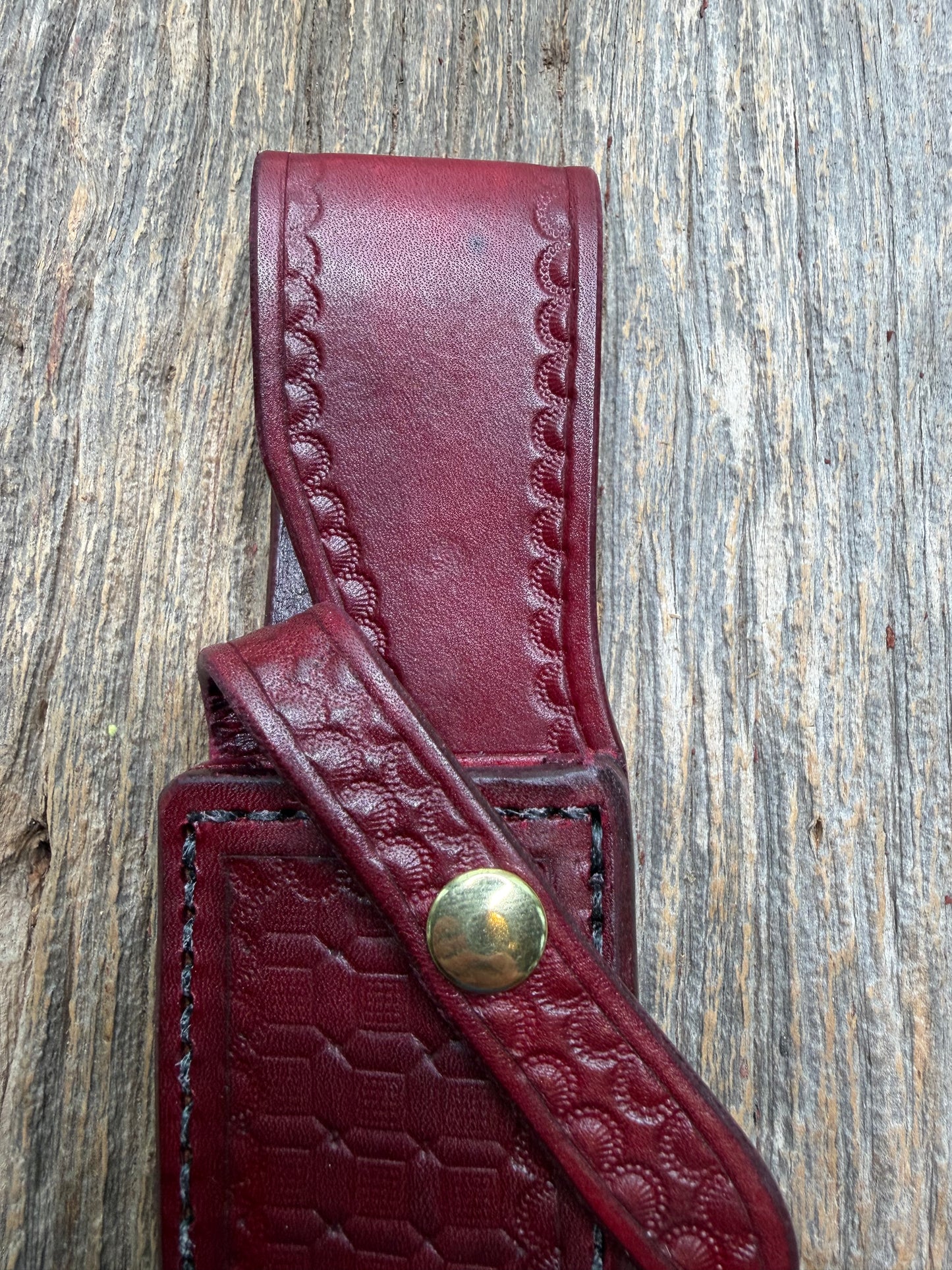 Randall Model 12-6 sheath in Ox Blood Red stamped leather from Sullivans by Gutcher. Parquet window pattern, mesmerizing !!