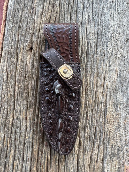 Randall Model 11-5 Sheath in Exotic Dark Brown Snapping Turtle by Treeman. Spiked Dragon tail portion of the turtle.