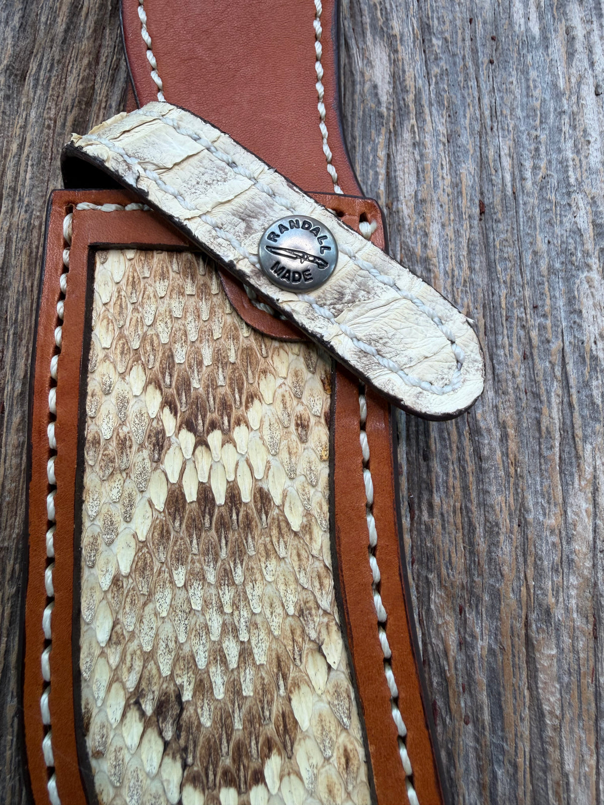 Rare Randall Sullivans by Gutcher Exotic Rattlesnake Knife Sheath for a Bowles Special. Signed by Rick, Randall  Snap and Beautiful Diamond inlay pattern.