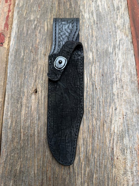 Randall Model Buxton Fighter in Black Hippo, forward curved hilt, black Canteen Snap, full brass stamping and stitching.
