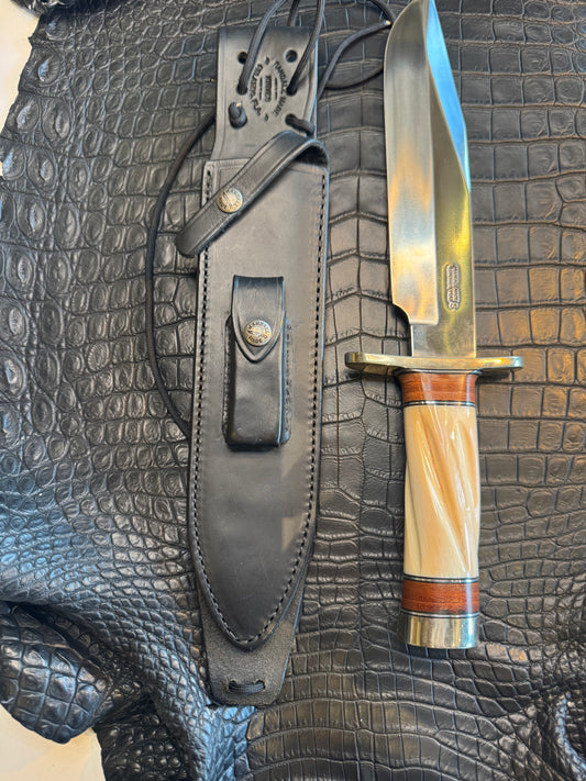 Rare Randall Knife 12-9 (25 Handle) Stacked leather and Beefy Spiraled Narwal, Nickel Silver Hilt and Butt Cap. Black and Aluminum Spacers.