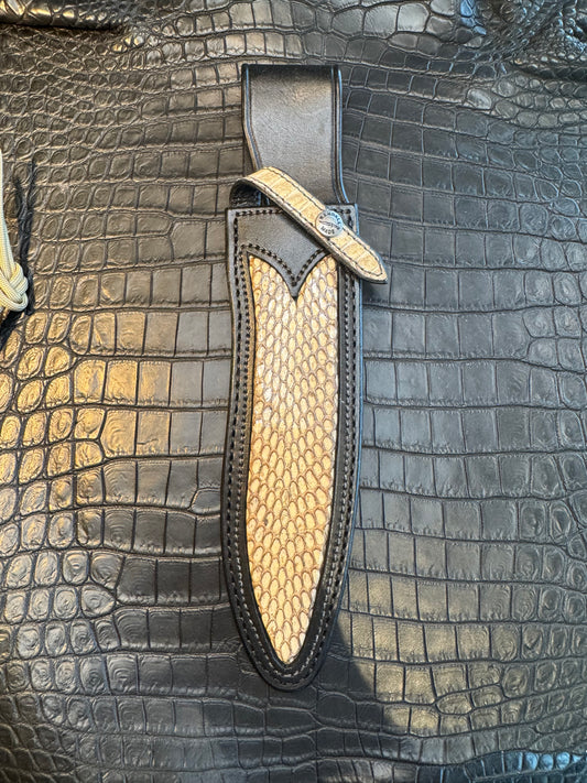 Randall Model Small Sasquatch Sheath in Exotic Python Inlay Custom Made at Sullivan’s by Gutcher.