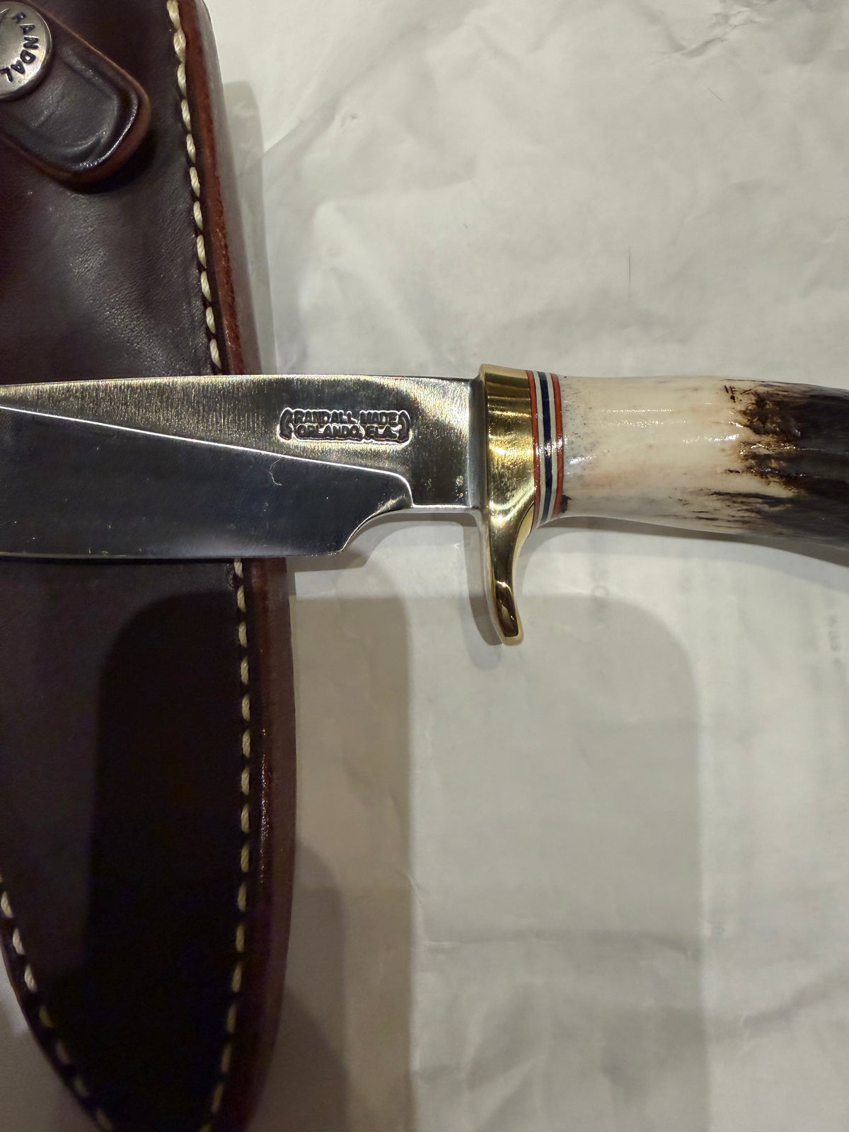 Randall Knife Model 26 Pathfinder ( new in paper) Stag, Red white and blue spacers, Lanyard, natural end.