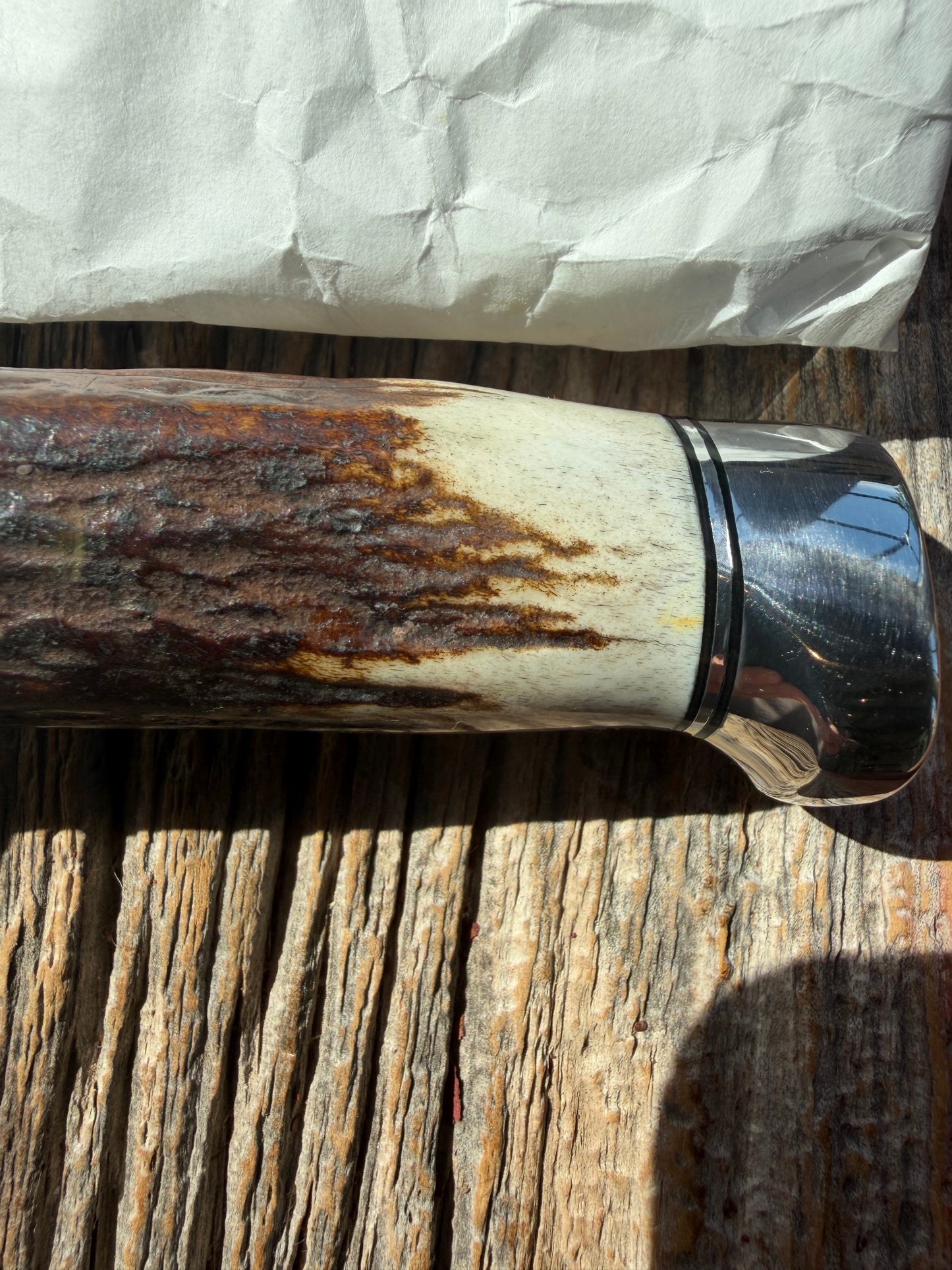 New in Paper Randall Knife Model #8-4 Old Style Trout And Bird Stag Handle, Stainless steel. Aluminum Crows Beak butt cap.