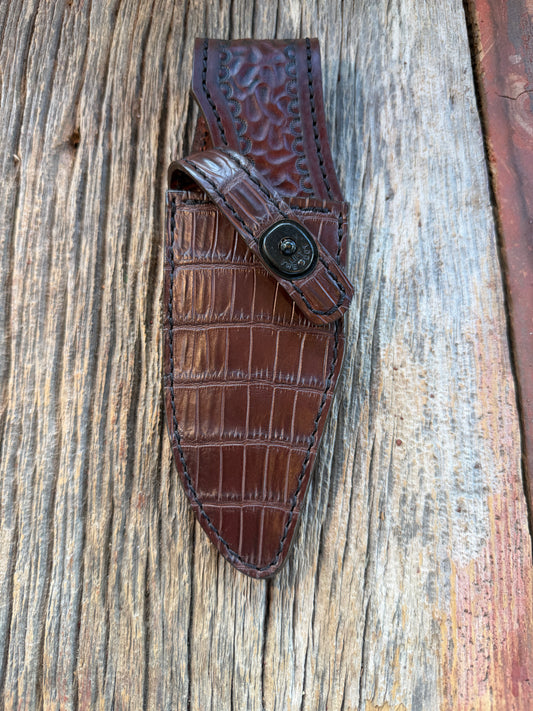 New Randall Model 19-5 Sheath in Exotic Dark Brown Crocodile from Treeman with the newest Black Canteen snap.