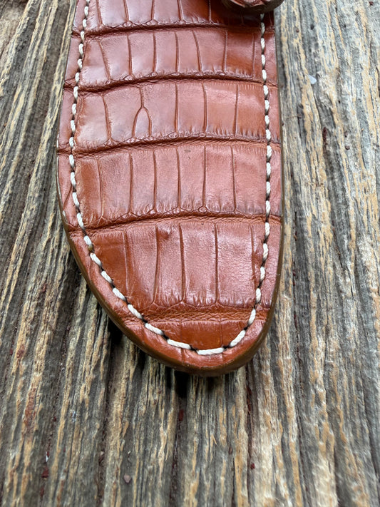 New Randall Model 23 Sheath in Exotic thick and textured Honey Crocodile skin on brown leather from Treeman with a silver Canteen snap. Hand tooled belt loop. Killer sheath.