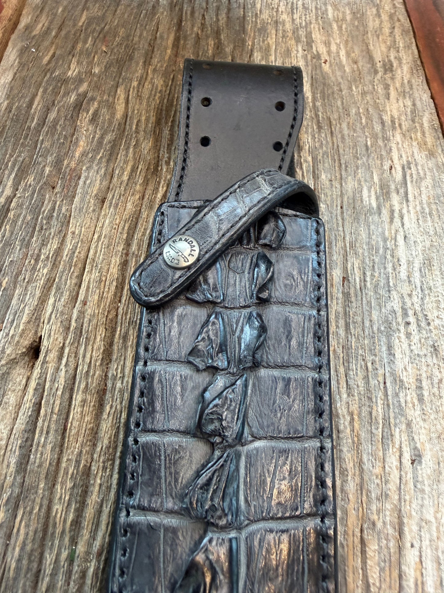 Randall Model Clinton Special Sheath in Exotic Black Crocodile tail Custom Made at Sullivan’s by Gutcher.