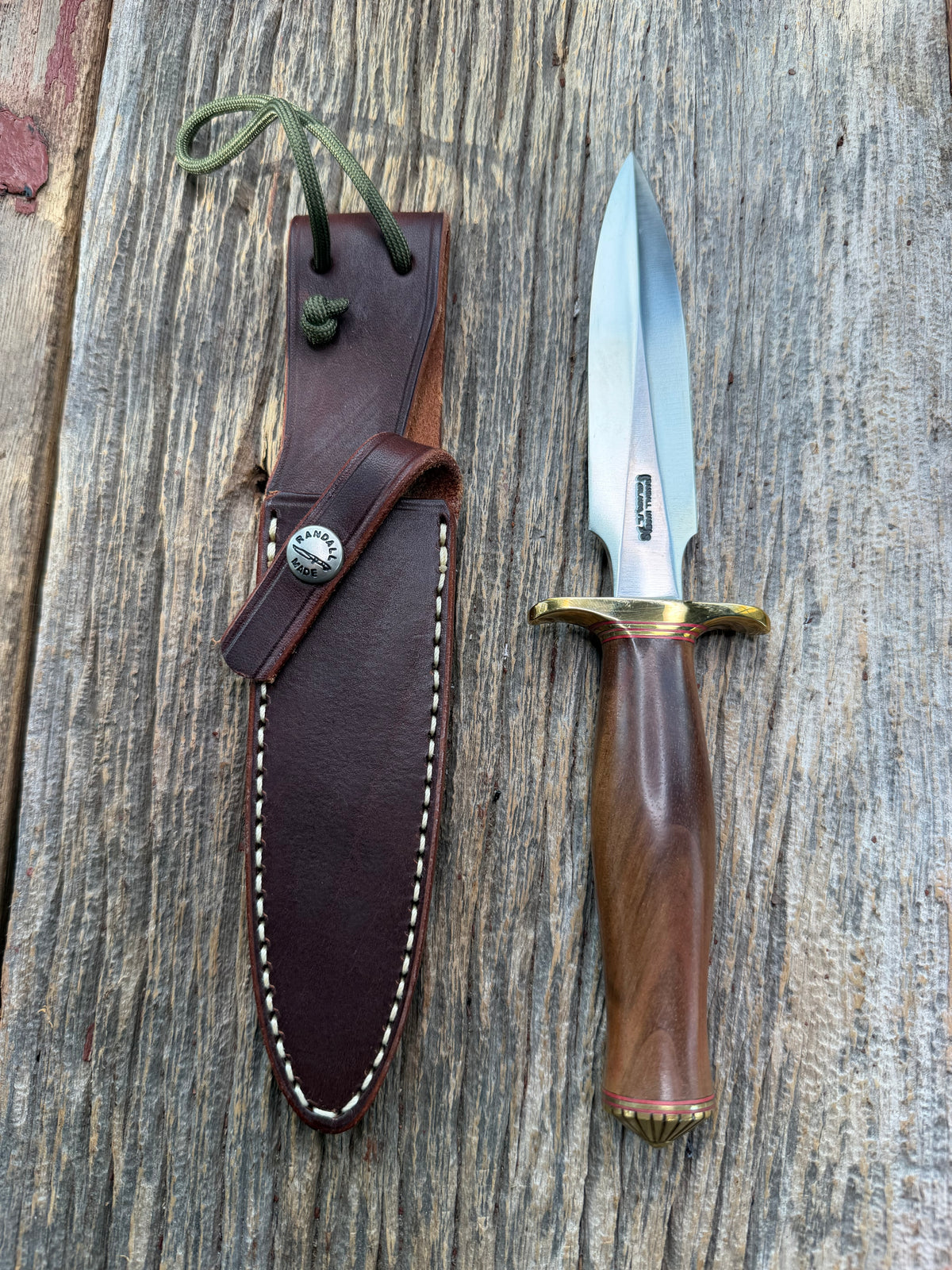 Nice Randall Knife Model 2-5 Brass Hilt, red and gold spacers, coolie Butt cap, Stainless Blade, Walnut Handle