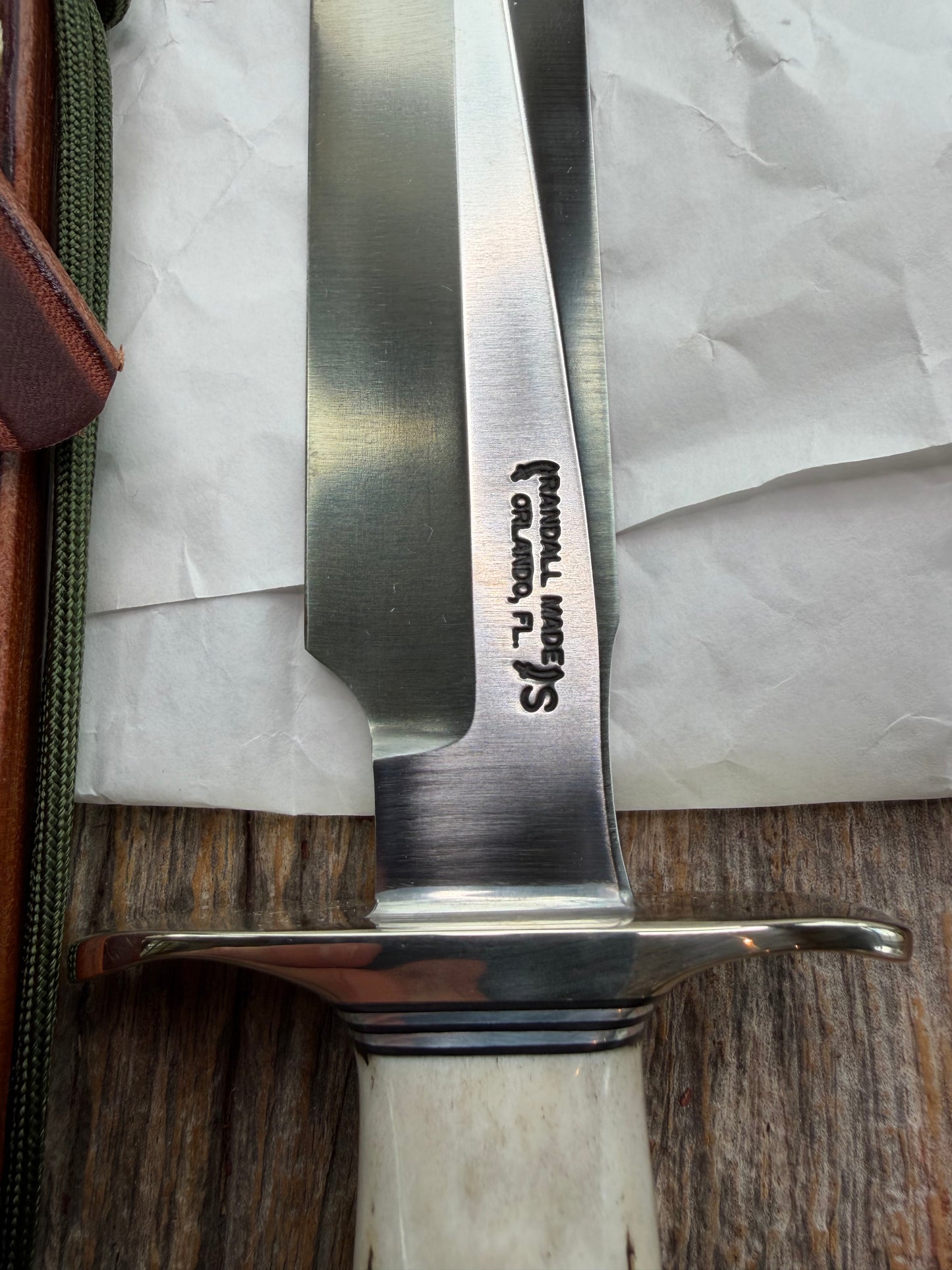 New in Paper Randall Made Knife Model 1-8 Stag , Stainless, Black and Aluminum spacers, Nickel Silver Hilt, Aluminum butt cap.