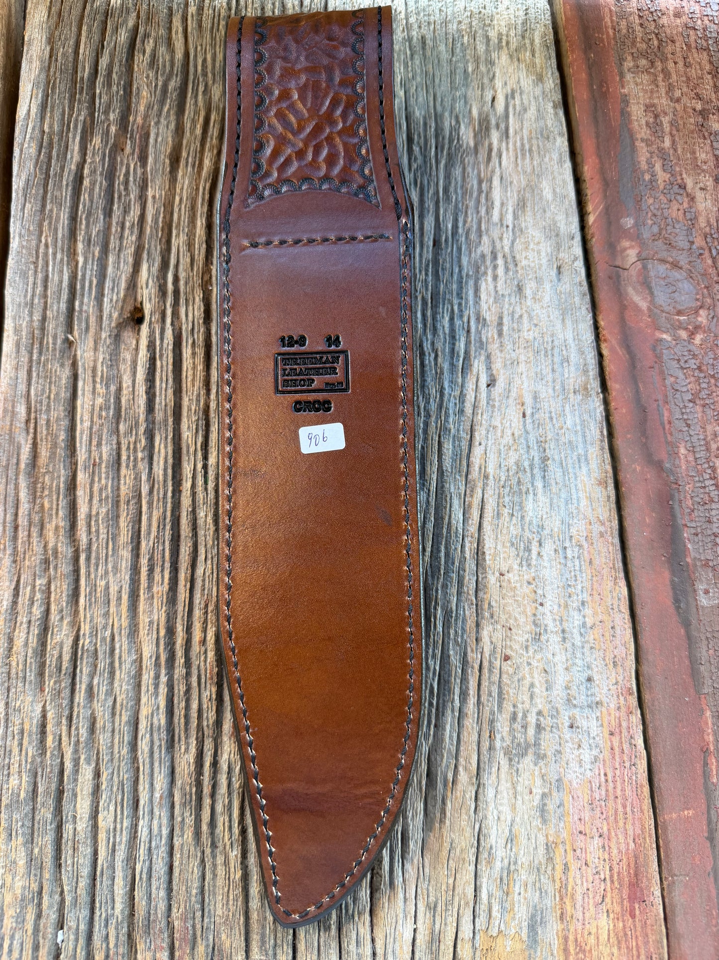 New Randall Model 12-9 Anus Sheath in Exotic Dark Brown Sueded Crocodile from Treeman with the newest Black Canteen snap.