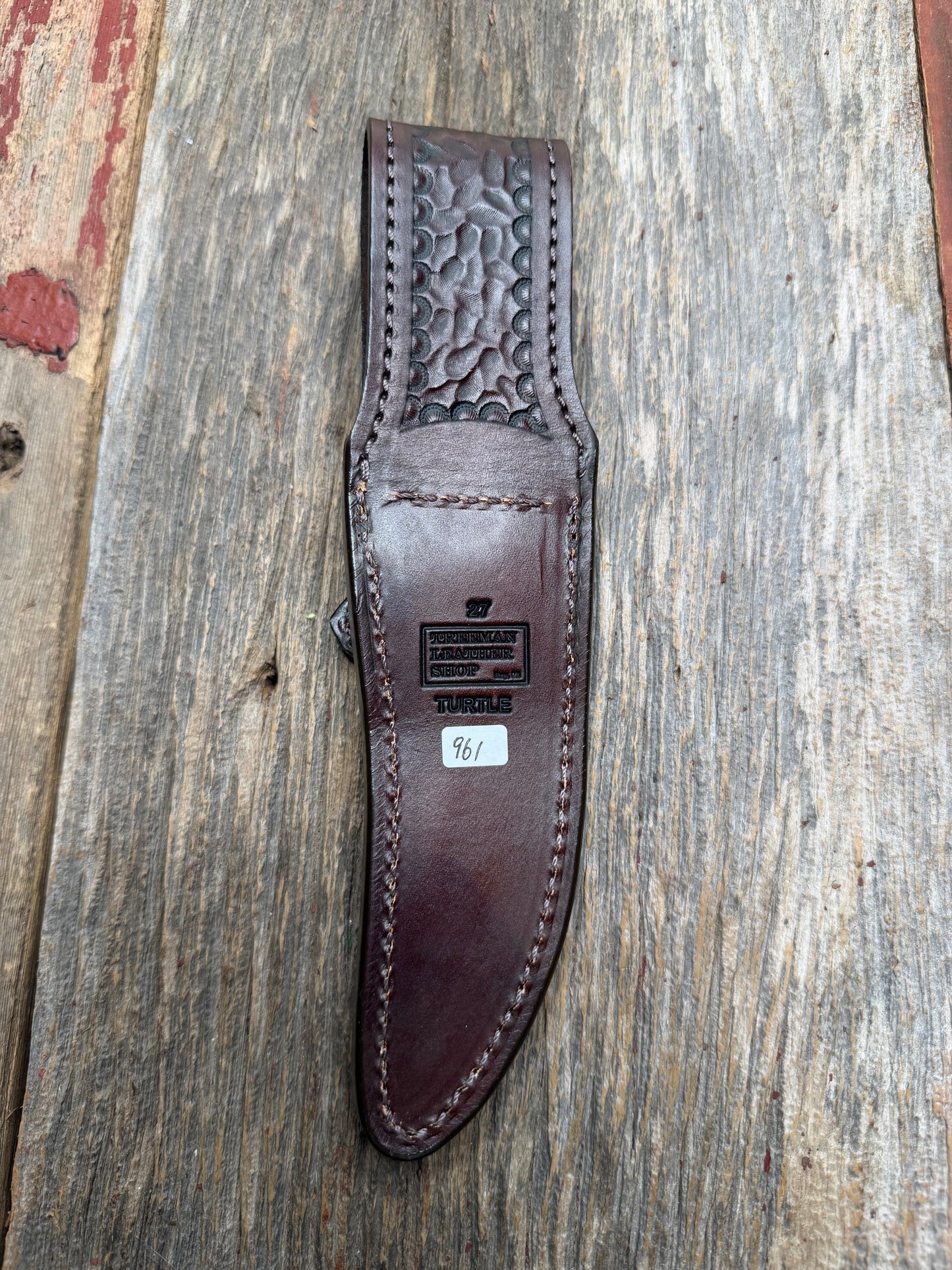 Randall Model 27 Sheath in Exotic Dark Brown Snapping Turtle by Treeman. Straight hilt and new black canteen snap… Spiked Dragon tail portion of the turtle.