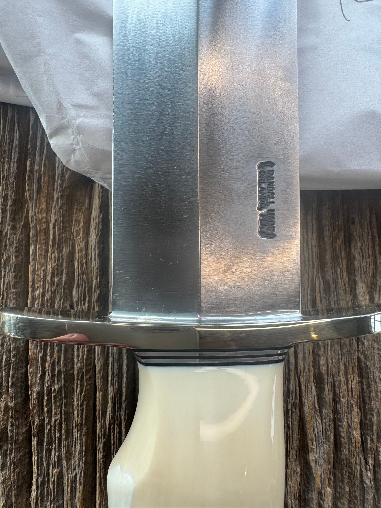 New in Paper Model 12-11 Smithsonian “Smitty” Bowie. Beautiful creamy Fossil Walrus Ivory with a single finger grip and a Nickel  Silver forward curved hilt and butt cap. Unreal Scrim opportunity!! Blank Canvas..