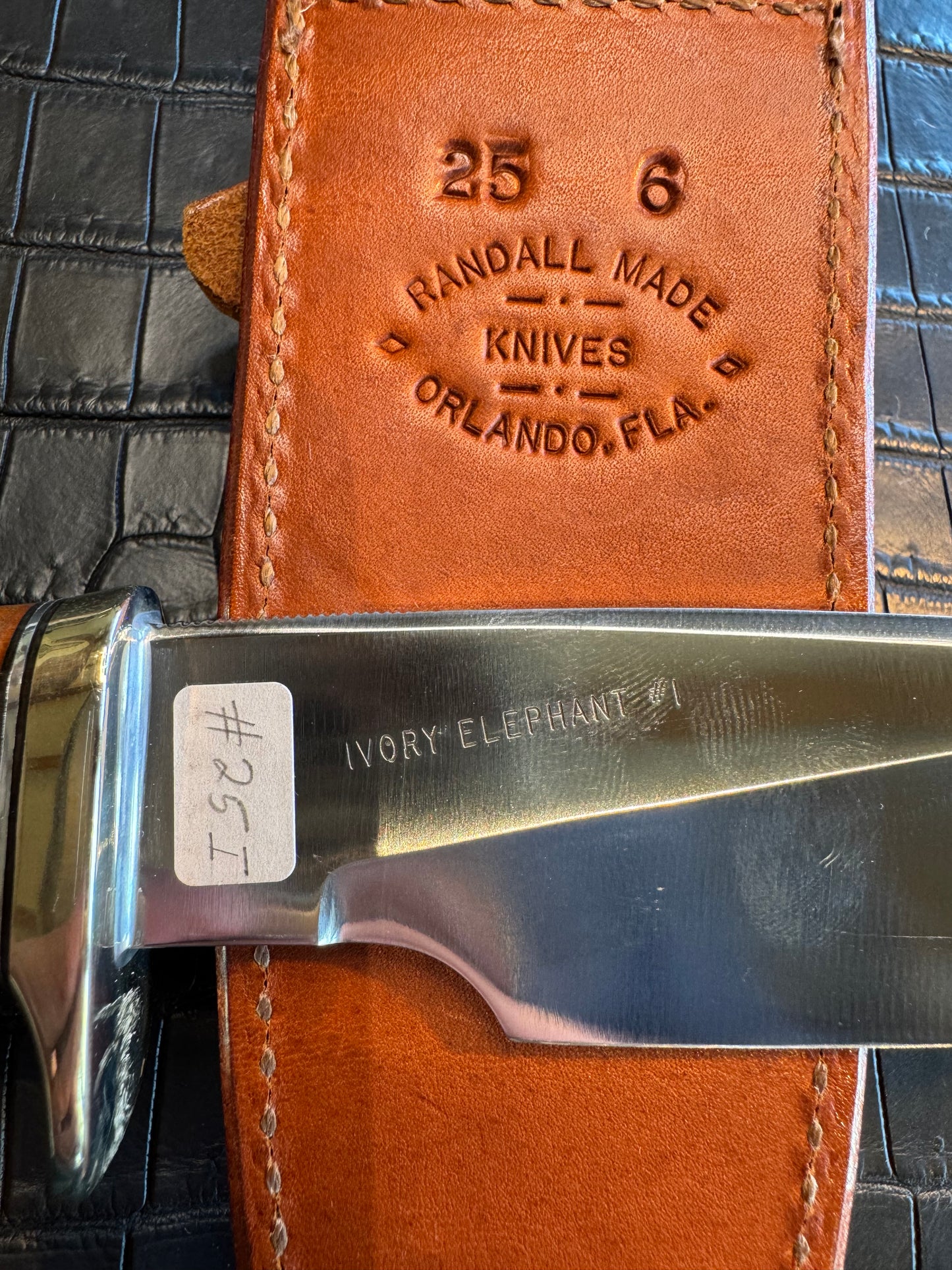 Randall Model 25-6 in Elephant Ivory with stacked Leather, Nickel Silver Hilt and Aluminum Butt cap. Flawless.