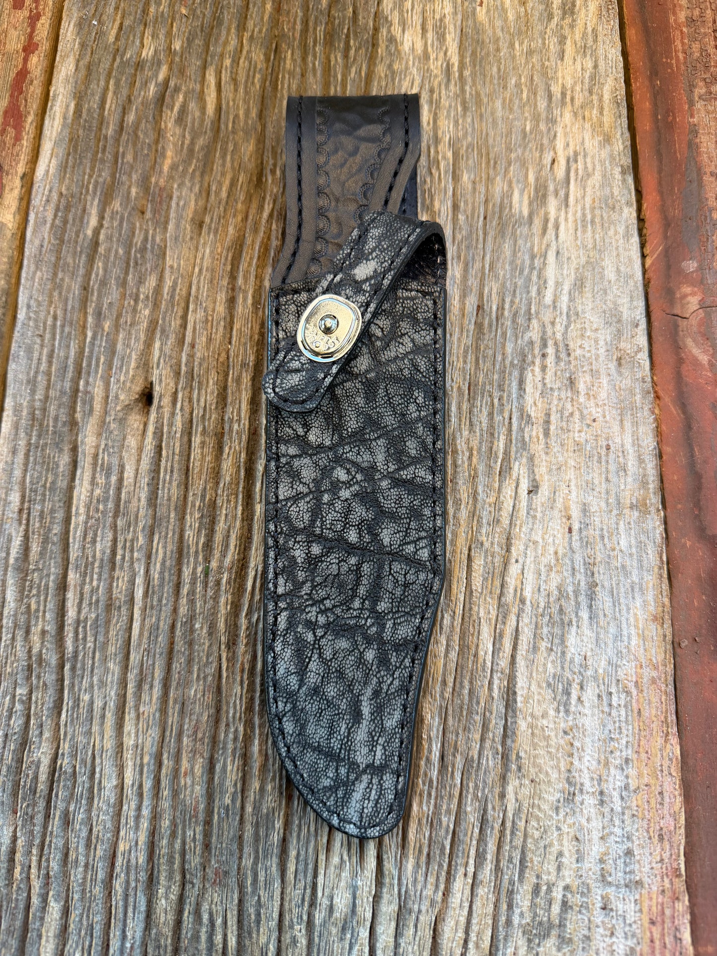 Randall Model Buxton Fighter “Dealer Special” Exotic Sheath in Black Elephant Trunk by Treeman.