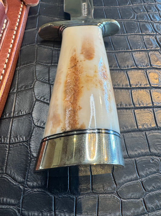 Randall Model 1-7 in a gorgeous beefy piece of Creamy Fossil Walrus Ivory. Nickel Silver Hilt and butt cap.