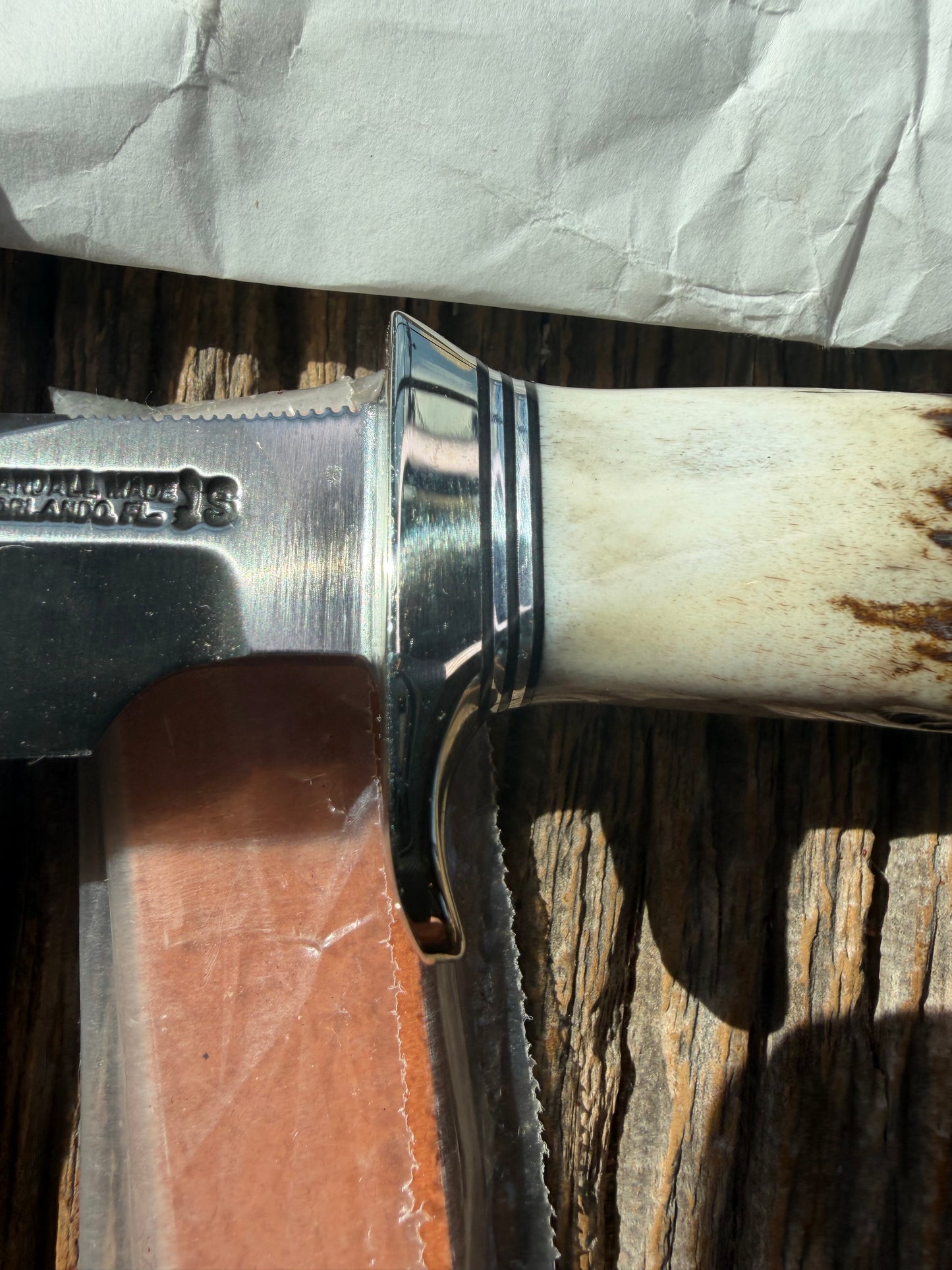 New in Paper Randall Knife Model #8-4 Old Style Trout And Bird Stag Handle, Stainless steel. Aluminum Crows Beak butt cap.