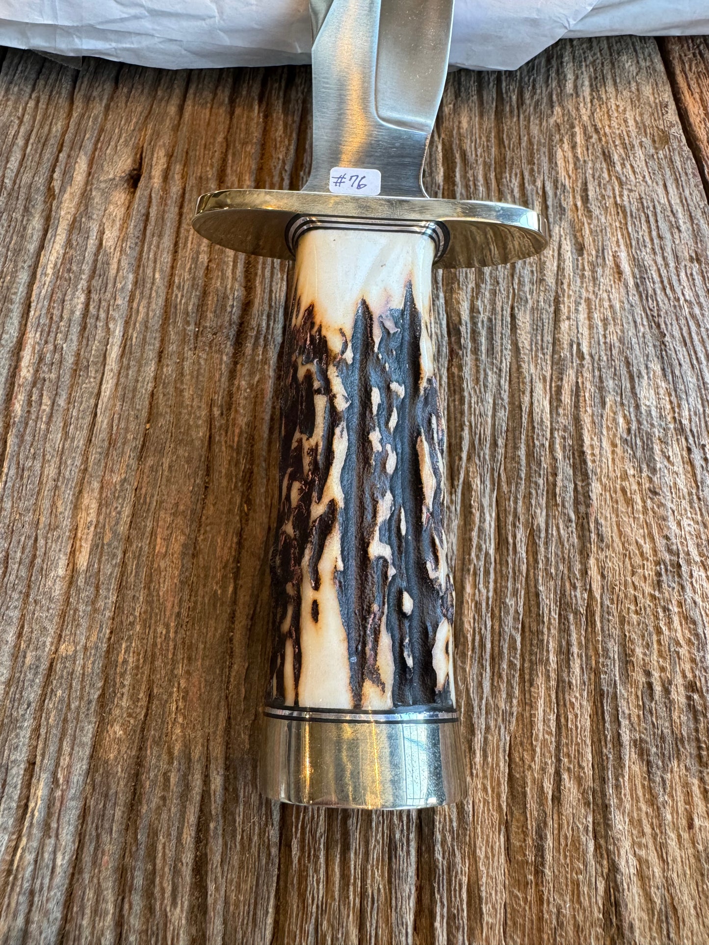 New in paper Randall Knife Model 12-8 “Big Bear” Large piece of Gnarly Popcorn Stag. Nickel silver hilt and butt cap. Stainless steel.