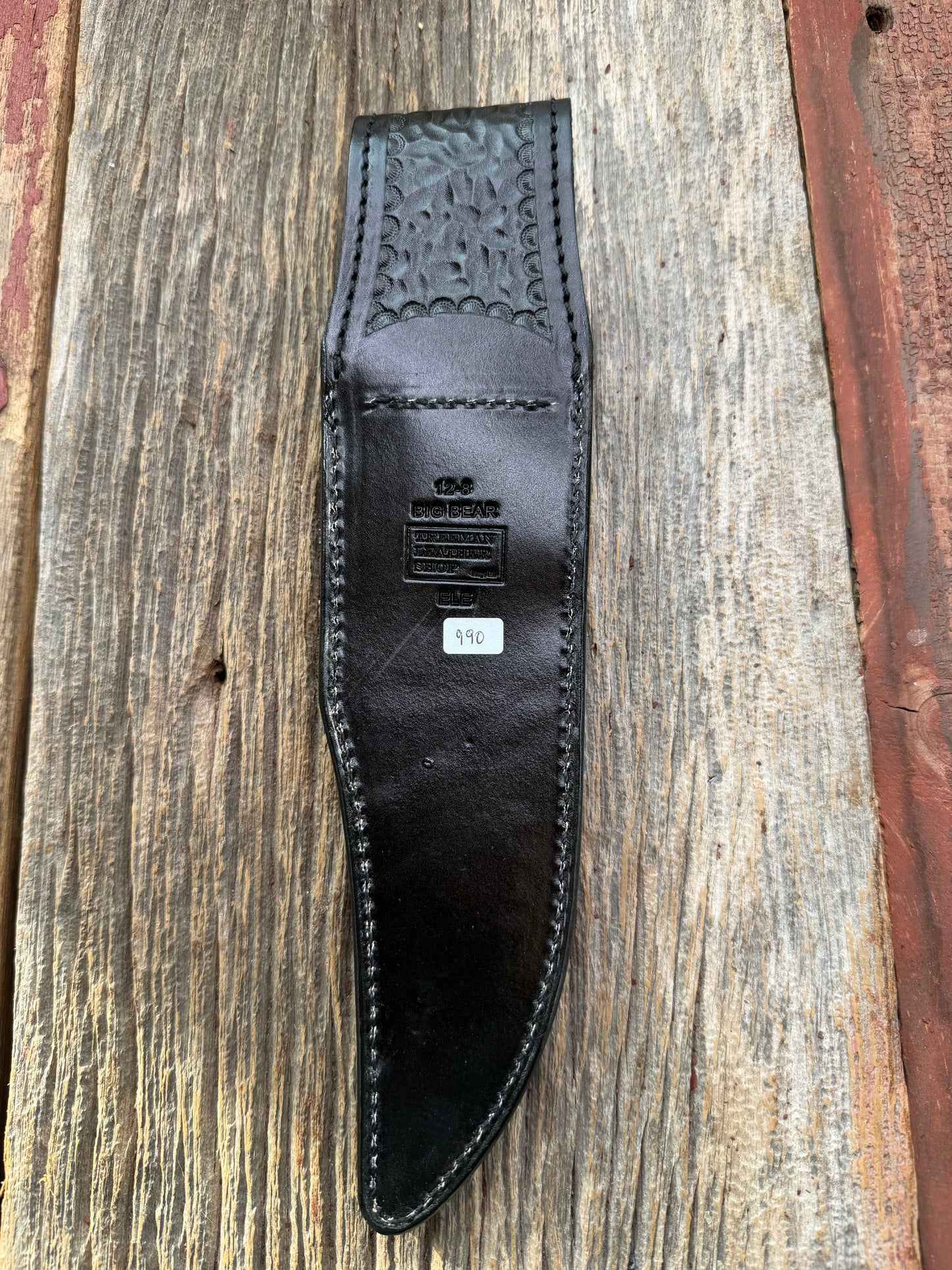 New Randall Model 12-8 Big Bear Sheath in Exotic thick and textured Grey Elephant Hide on black leather from Treeman with a black Canteen snap. Hand tooled belt loop. Killer sheath.