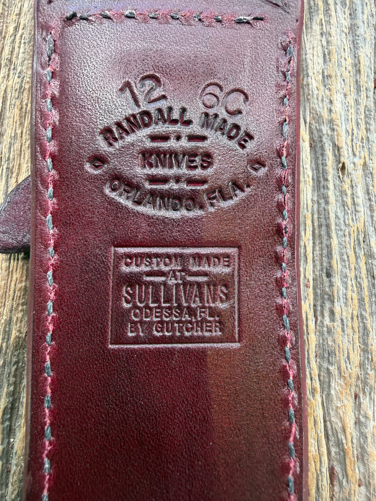 Rare Randall Sullivans by Gutcher Knife Sheath for a Model 12-6 curved hilt. Ox Blood Red leather  with a beautiful  basket weave pattern. Randall Snap and stamp on the back.