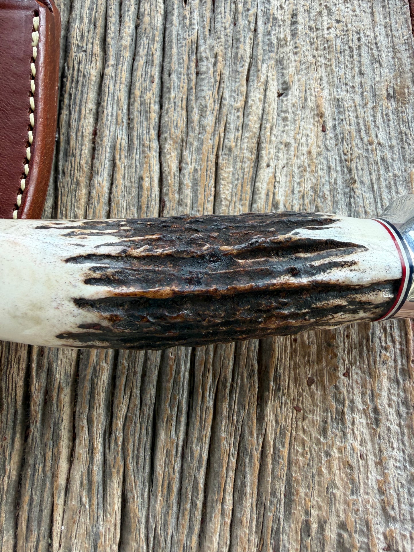 Nice Randall Model 19-4 with a Gnarly Stag. Nickel silver Single Hilt and Aluminum crows beak Butt plate. RWB spacers.