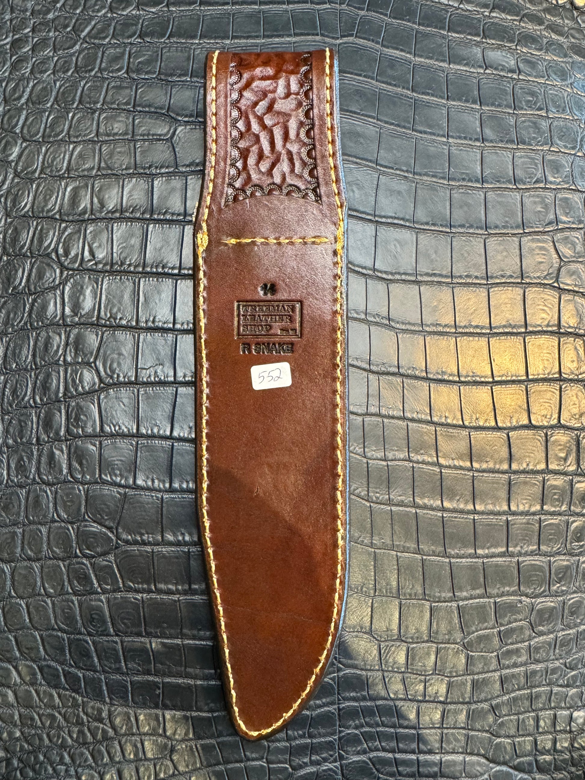 Randall Model 14 in rare Rattlesnake, Straight hilt, Canteen Snap, full brass stamping and stitching.