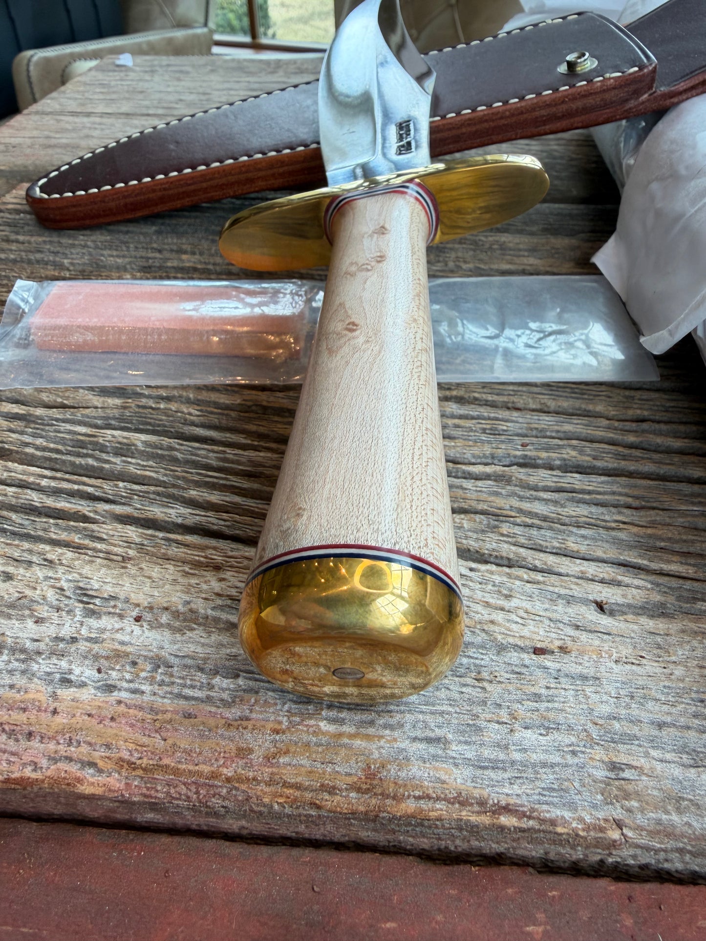New Paper Randall Made Knife Model 12-8 supplied Maple handle, carbon  blade, brass hilt and rounded butt cap. Red white and blue spacers