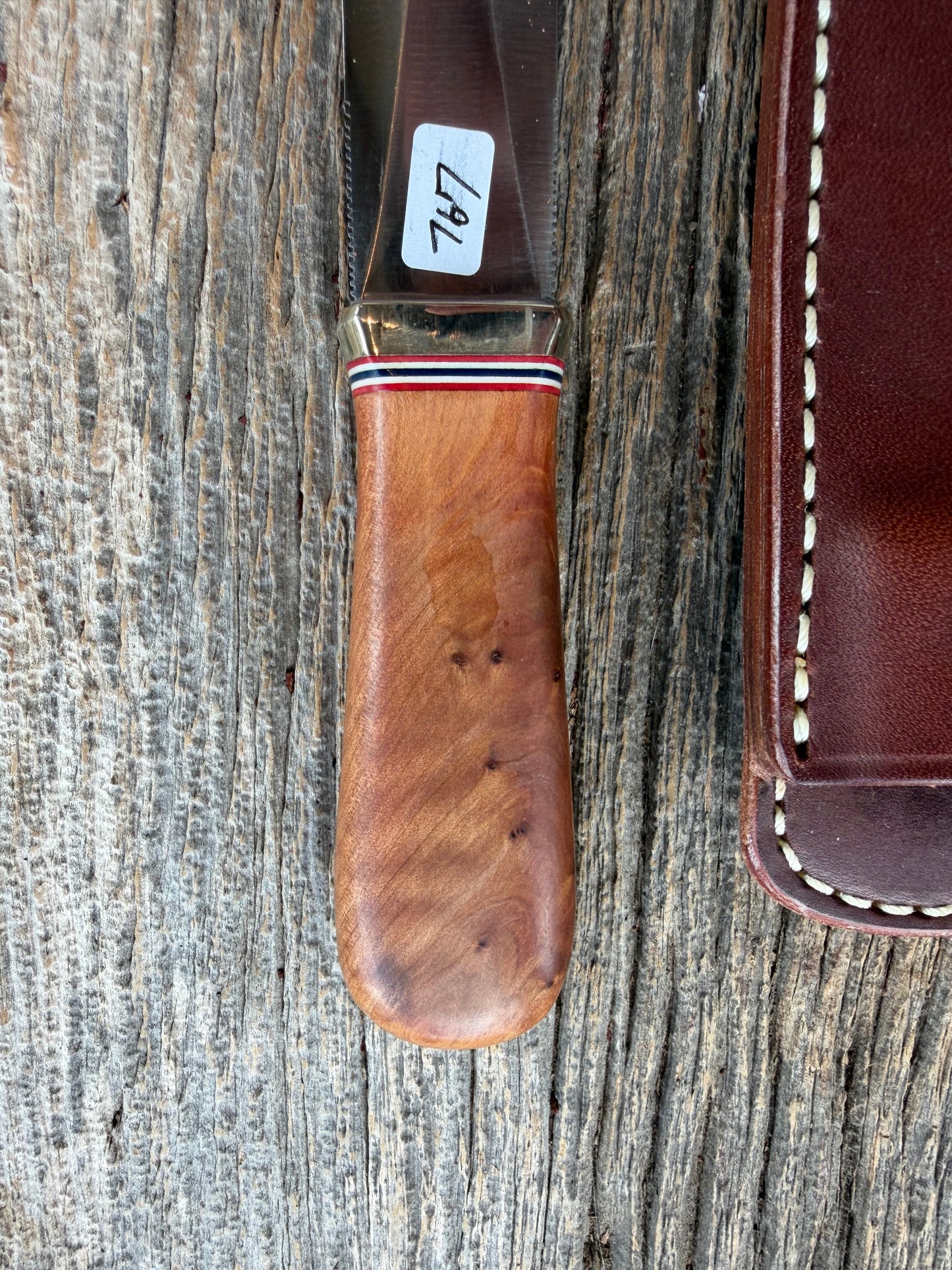 Randall Model “Guardian” 4 Inch in Thuya Wood, Nickel hilt, Stainless, Red White and Blue spacers.