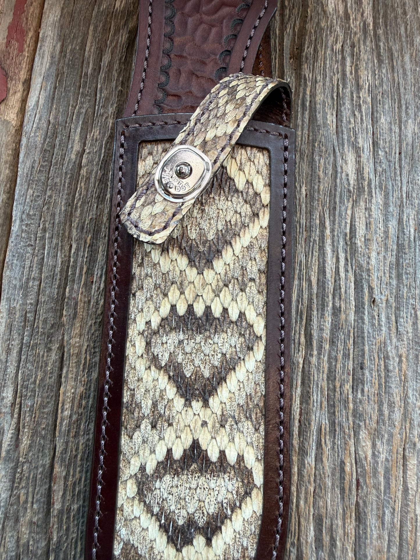 Randall Model 12-9 Sheath in Exotic Eastern Diamondback RattleSnake from Treeman Sheaths. Stunning colors on this one.
