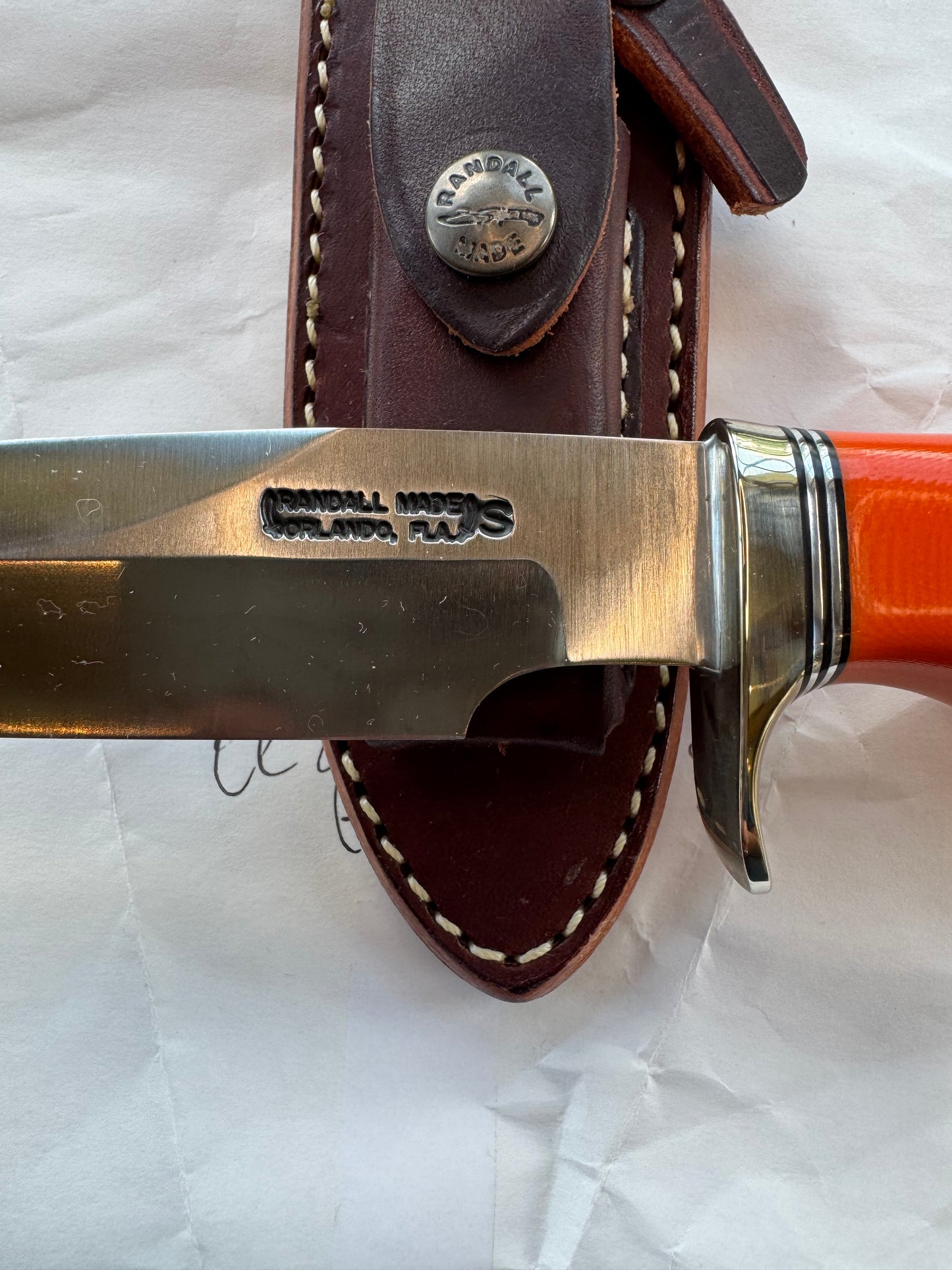 New in Paper Randall Knife Model Combat Companion Orange G10 Handle Stainless Steel, NSH Nickel Silver Single Hilt.