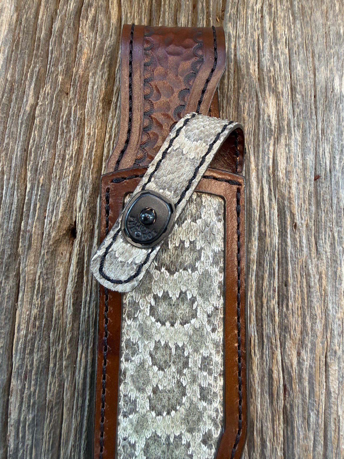 Randall Model Buxton Fighter Special Sheath in Exotic Prairie RattleSnake from Treeman Sheaths. Tremendous colors on this one.