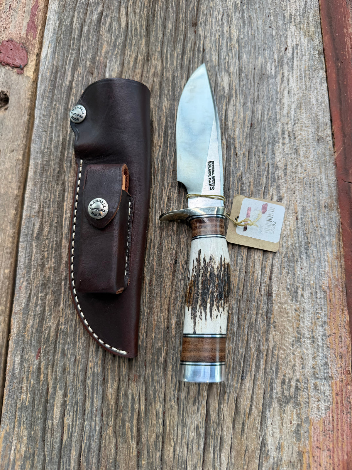New Randall Model 25-5 with a Stag handle. Stainless steel blade, Nickel silver hilt, Aluminum butt. BL AL spacers